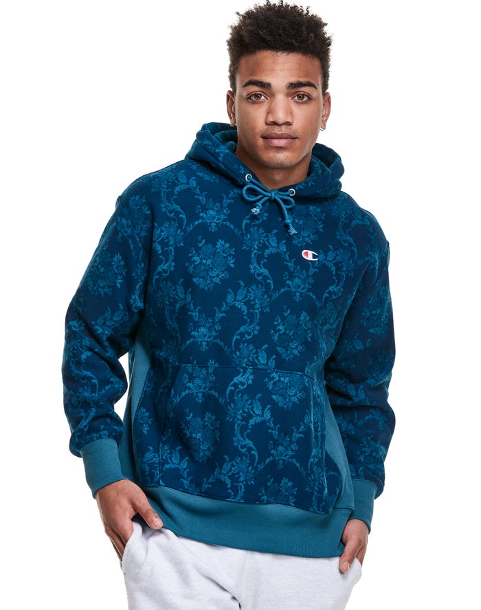 Champion Mens Hoodie NZ - Reverse Weave All Over Print Blue ( 5269-PKNTS )